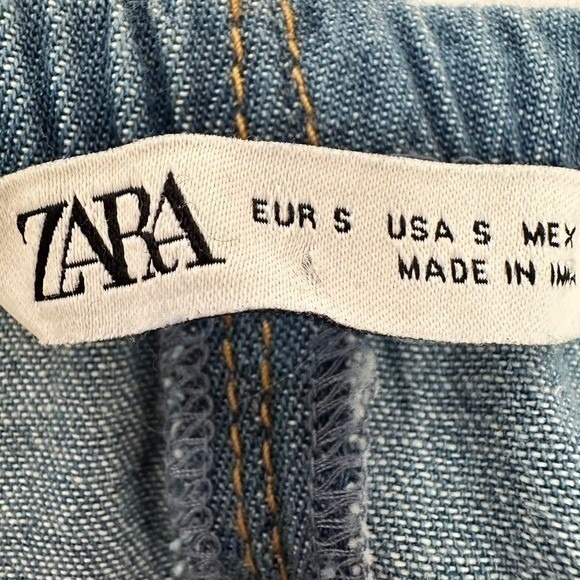 Zara Maxi Dress Womens S Blue Denim Embroidered Floral Halter Smocked Back Boho - Picture 7 of 8